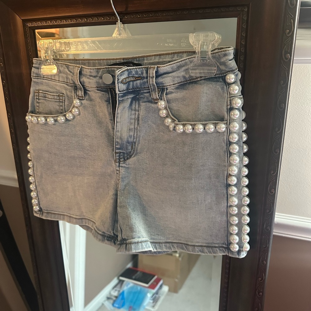 Boston Proper Light Blue Pearl-Trimmed Shorts